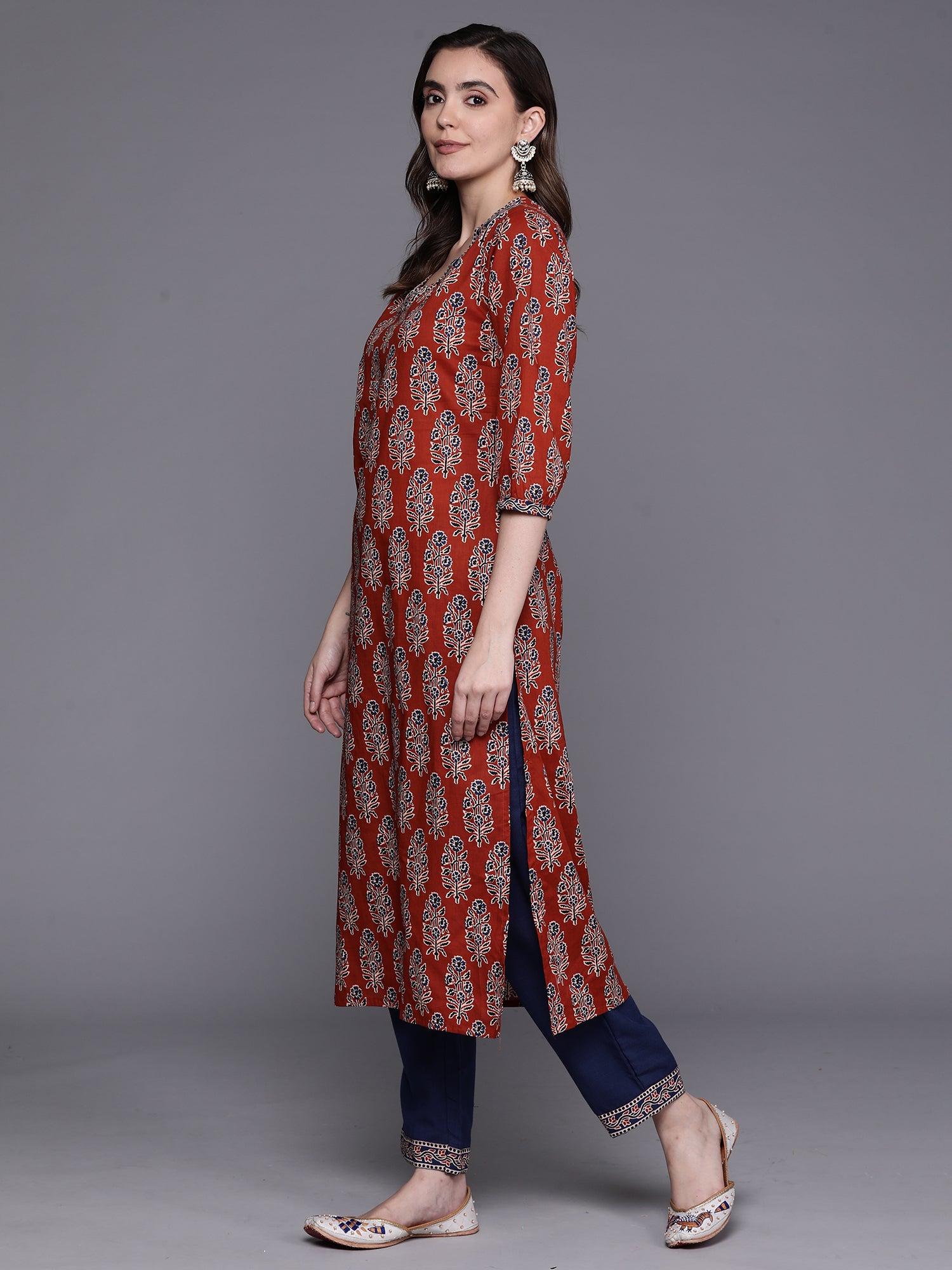 Rust Printed Straight Kurta Trousers With Dupatta Set