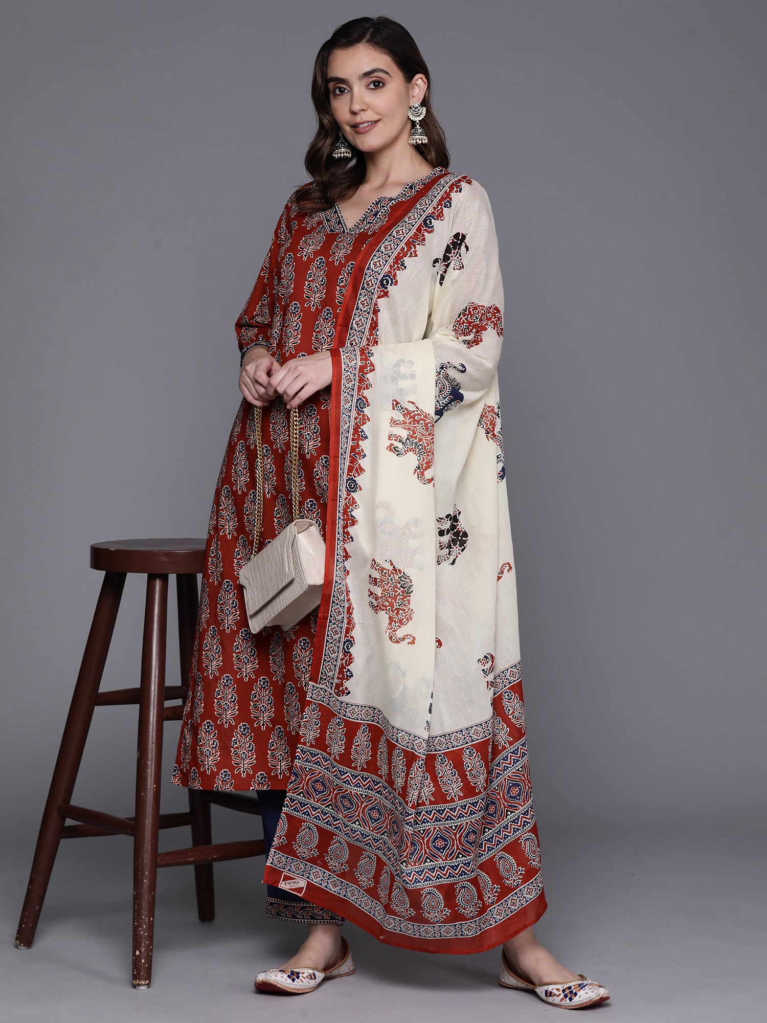 Rust Printed Straight Kurta Trousers With Dupatta Set