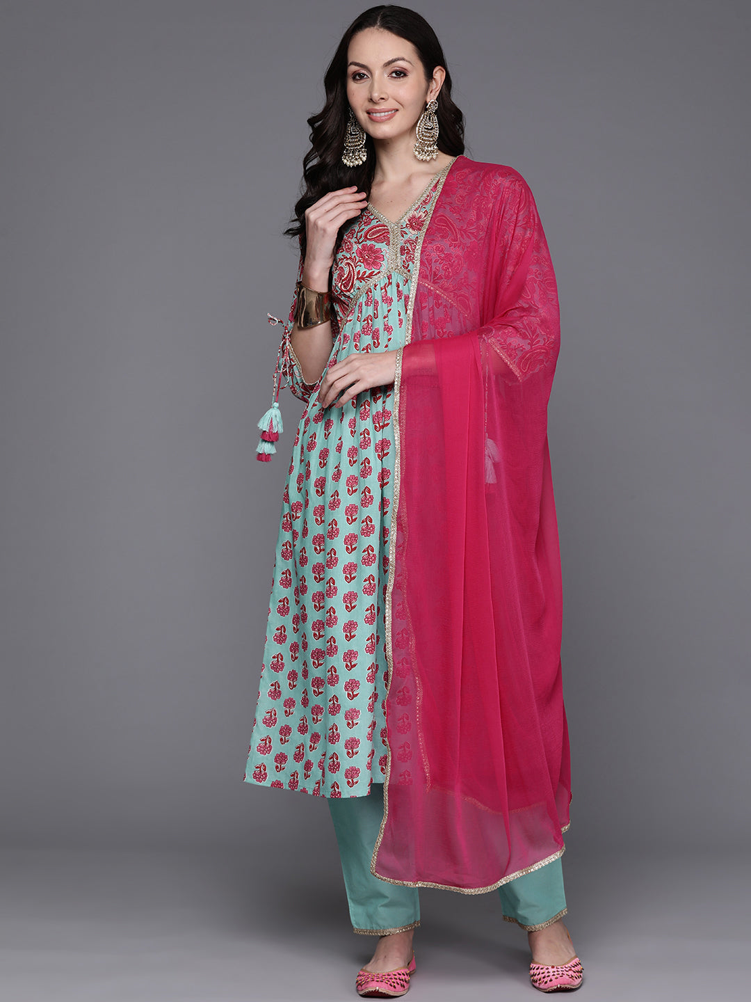 Sea Green Printed A-Line Kurta Trousers With Dupatta Set