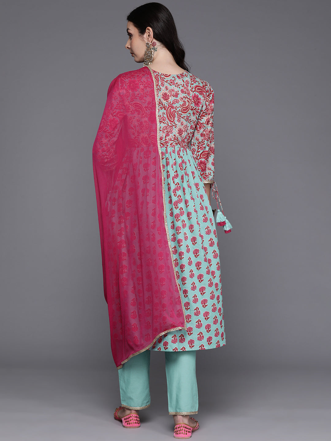 Sea Green Printed A-Line Kurta Trousers With Dupatta Set