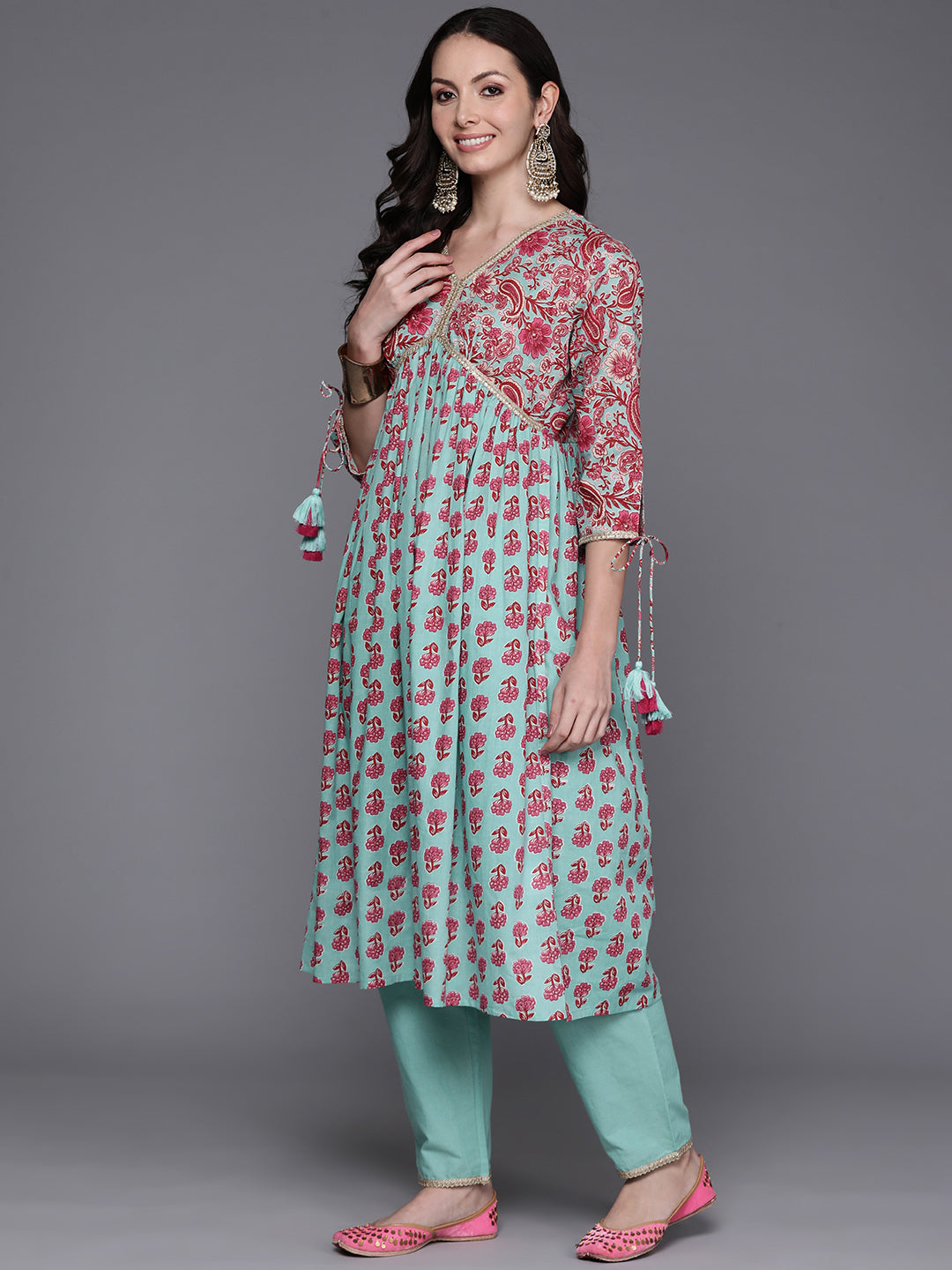 Sea Green Printed A-Line Kurta Trousers With Dupatta Set