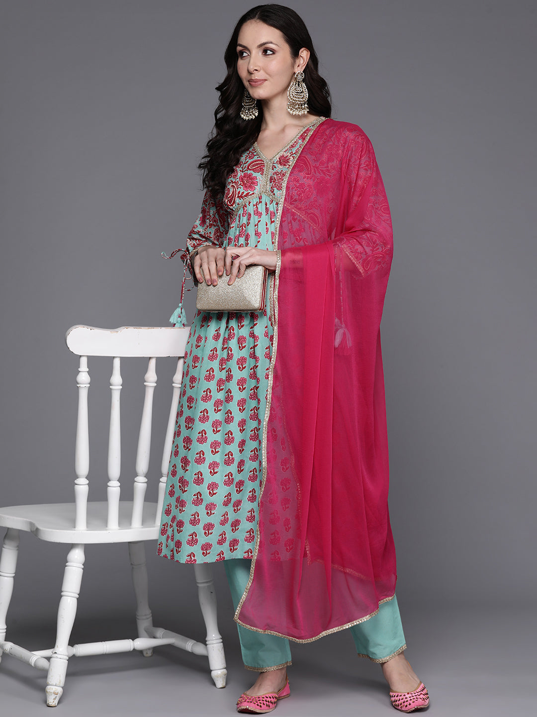 Sea Green Printed A-Line Kurta Trousers With Dupatta Set
