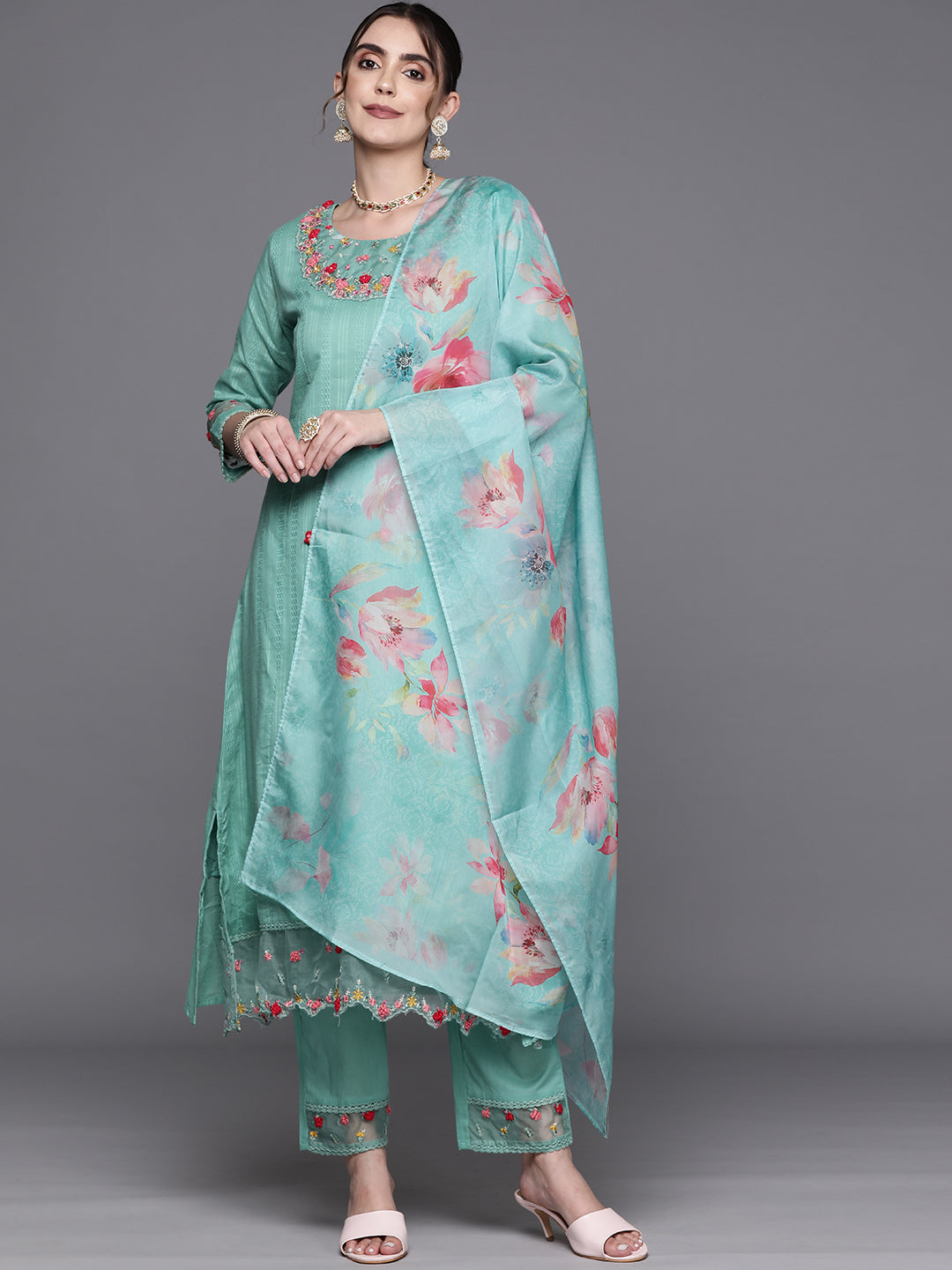 Sea Green Embroidered A-Line Kurta Trousers With Dupatta Set