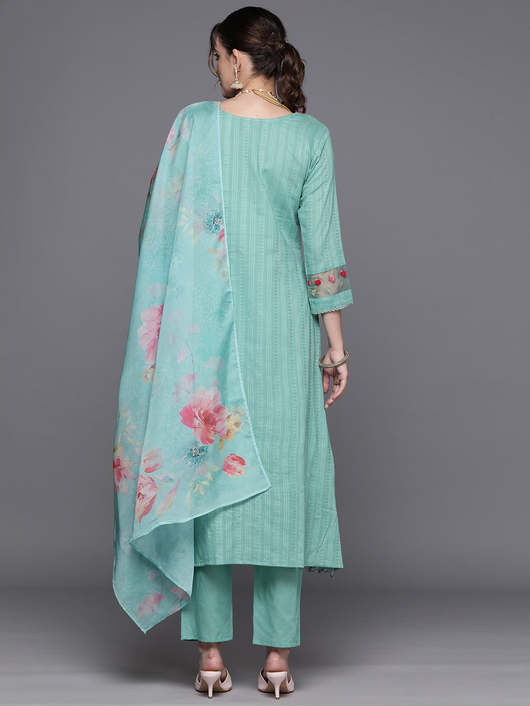 Sea Green Embroidered A-Line Kurta Trousers With Dupatta Set