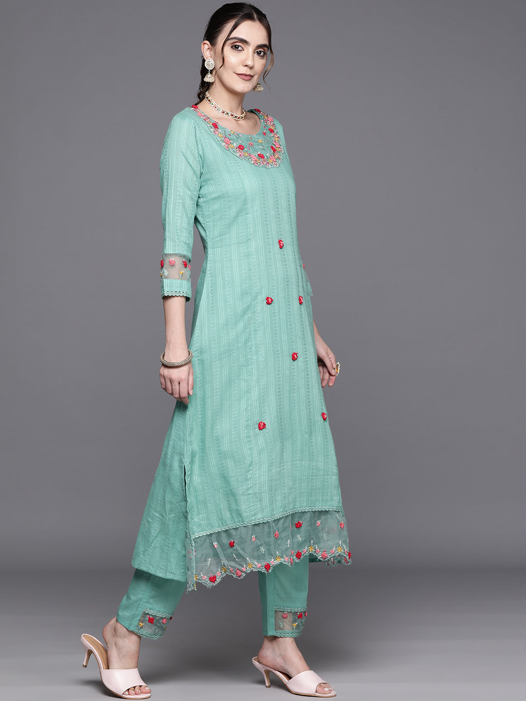 Sea Green Embroidered A-Line Kurta Trousers With Dupatta Set