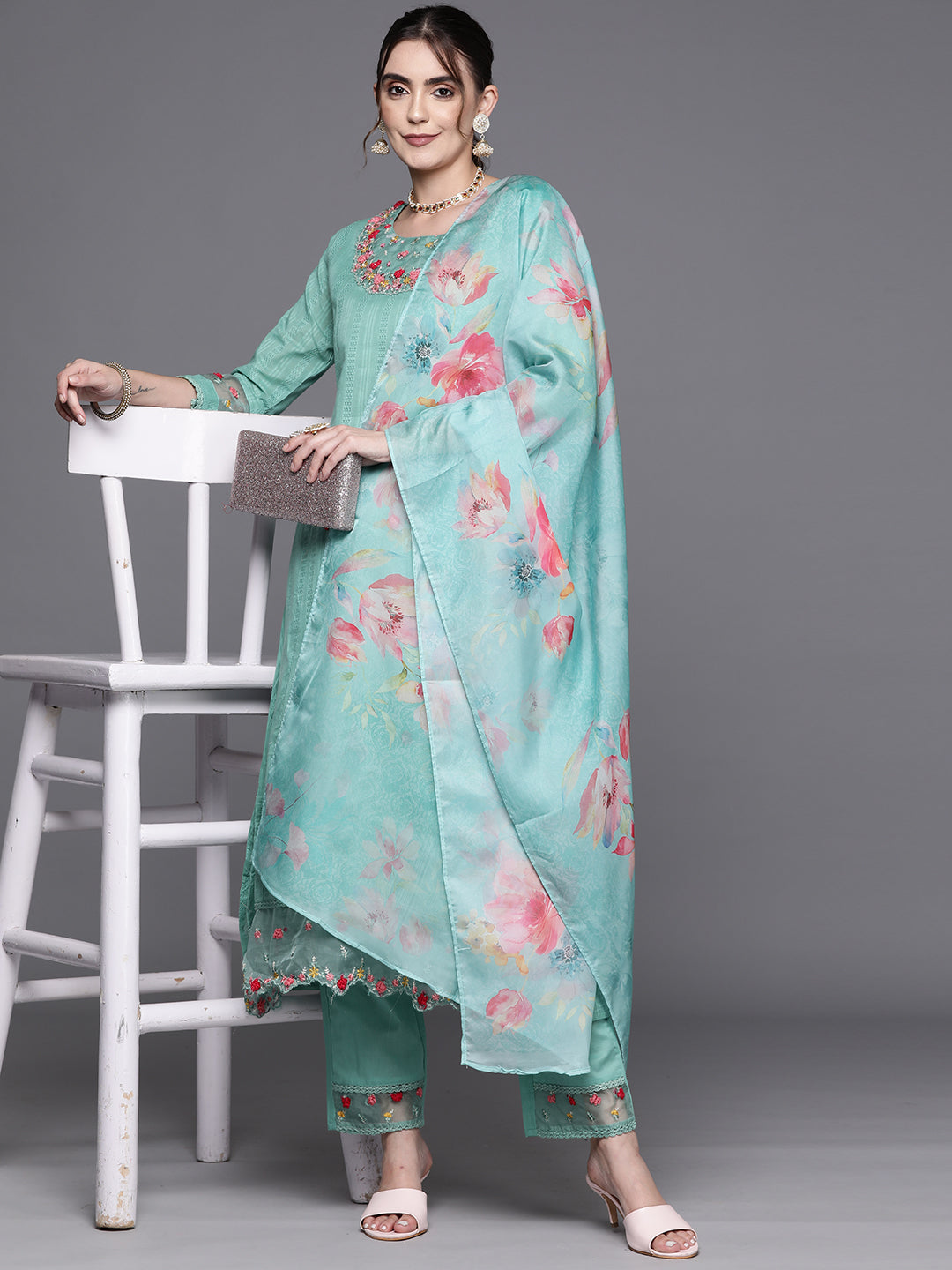 Sea Green Embroidered A-Line Kurta Trousers With Dupatta Set