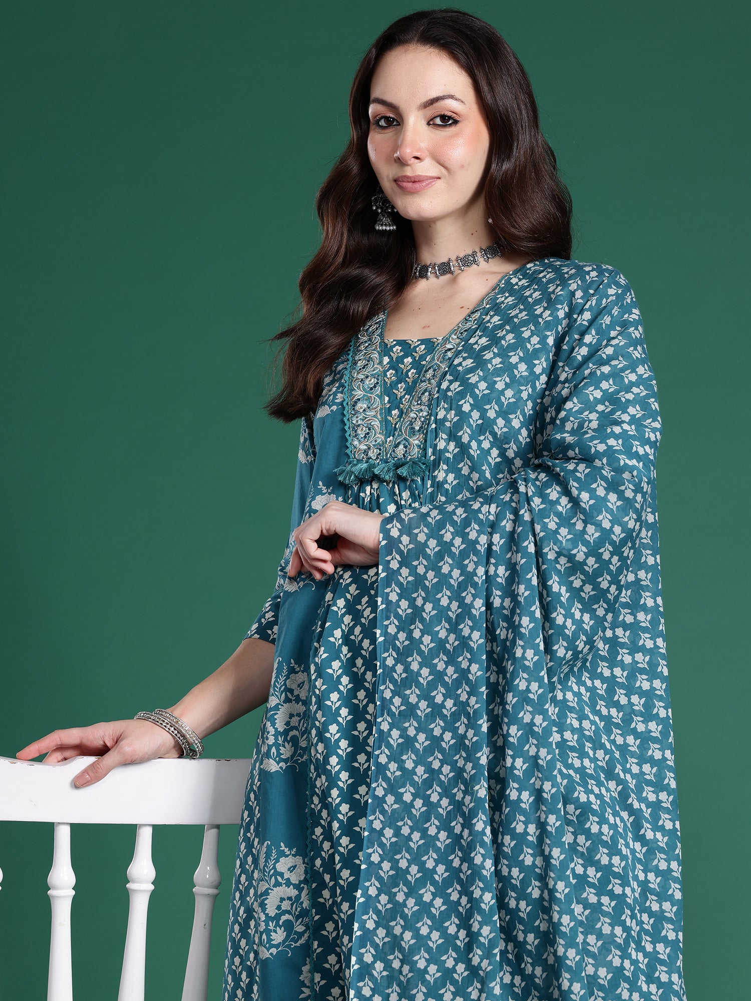 Indo era Teal Embroidered A-Line Kurta Trousers With Dupatta Set- IE