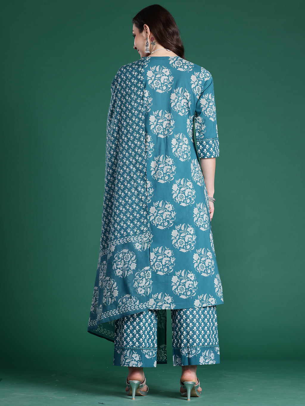 Indo era Teal Embroidered A-Line Kurta Trousers With Dupatta Set- IE