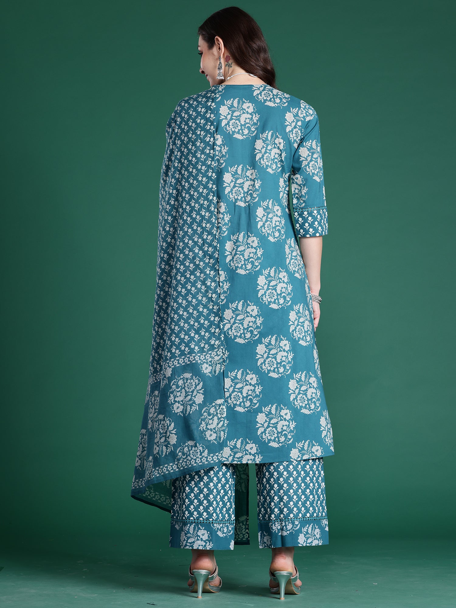Indo era Teal Embroidered A-Line Kurta Trousers With Dupatta Set- IE