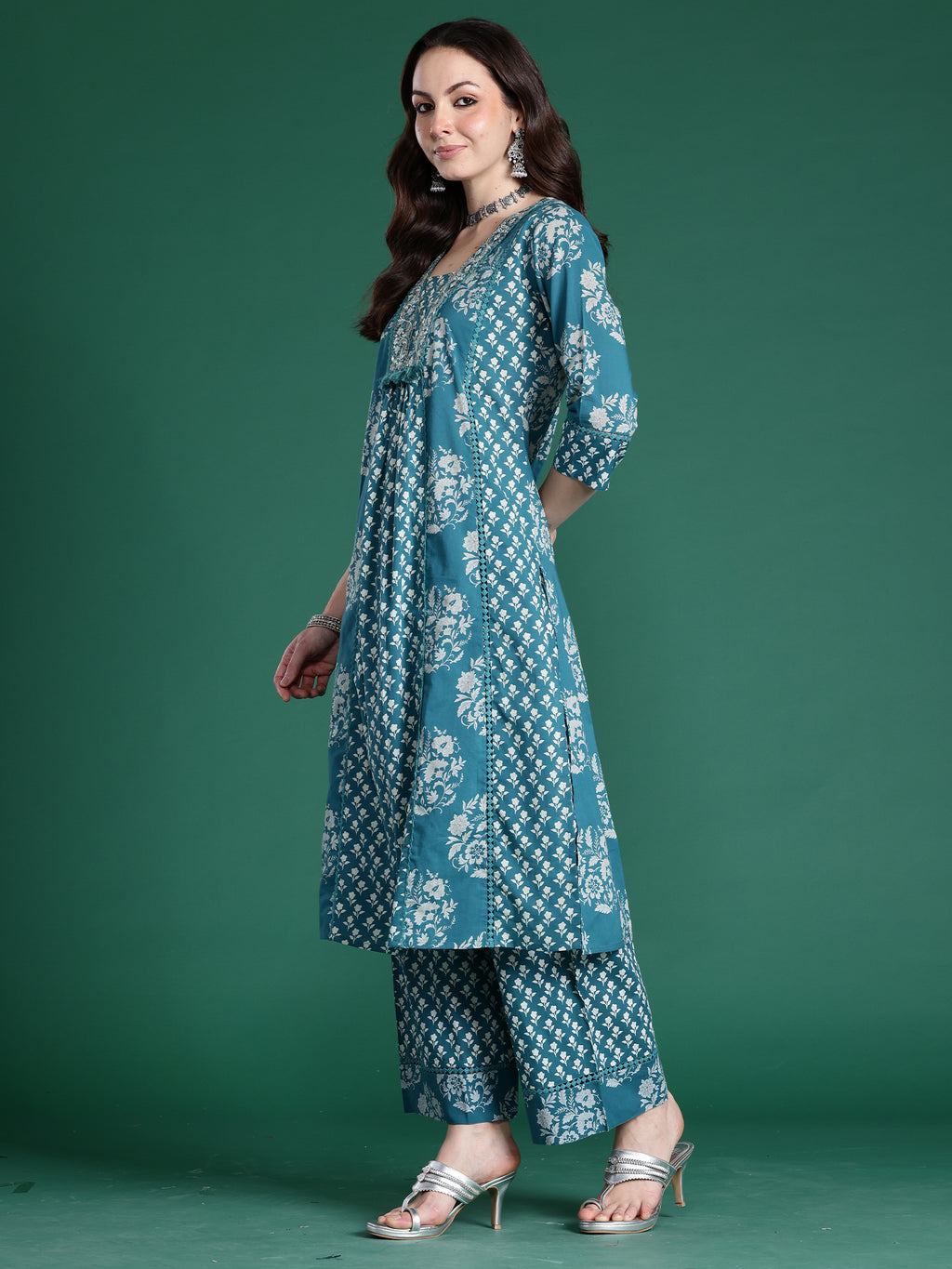 Indo era Teal Embroidered A-Line Kurta Trousers With Dupatta Set- IE