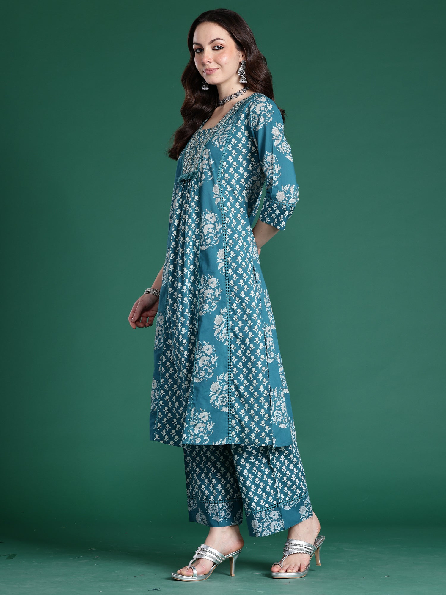 Indo era Teal Embroidered A-Line Kurta Trousers With Dupatta Set- IE