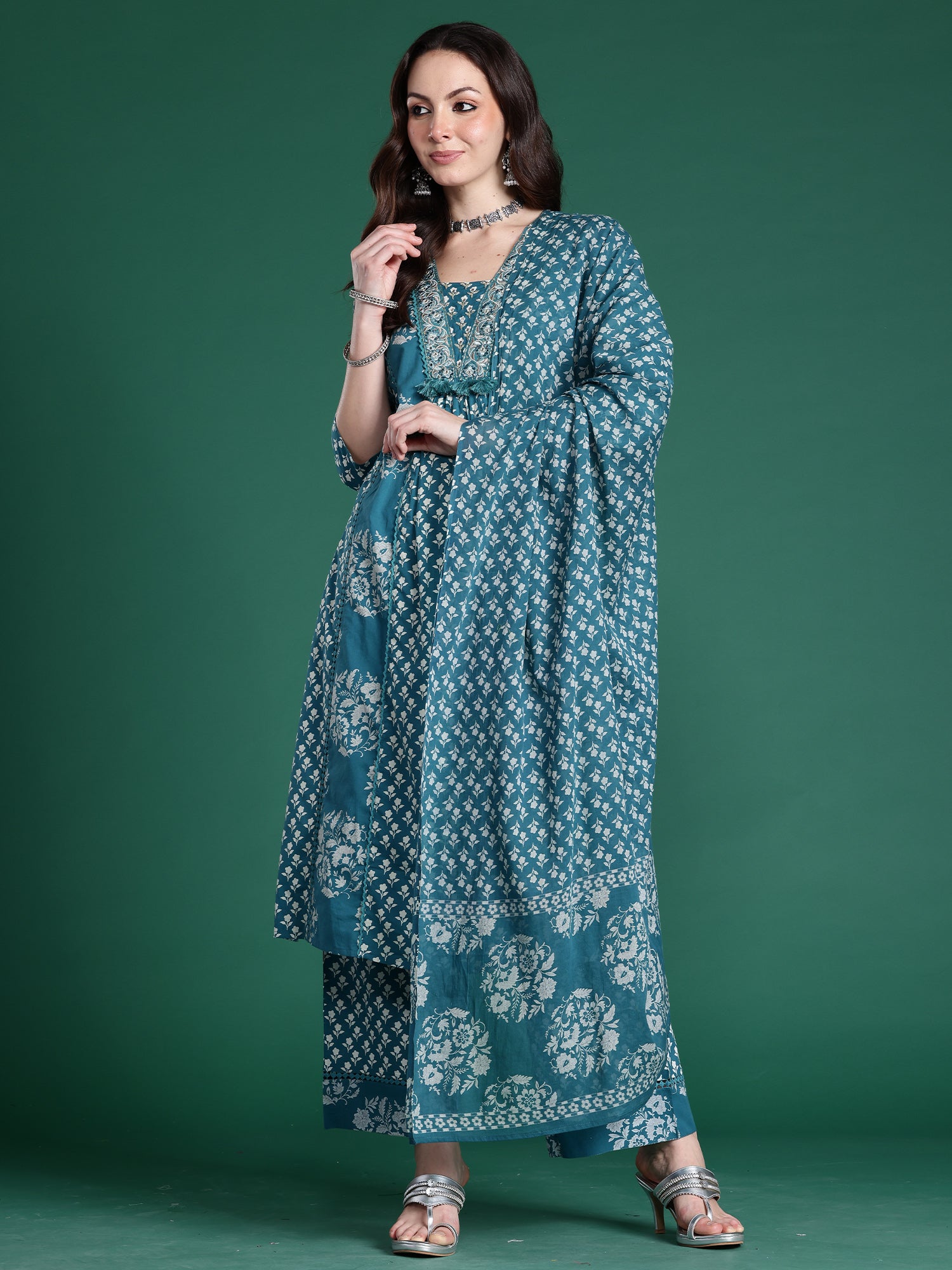 Indo era Teal Embroidered A-Line Kurta Trousers With Dupatta Set- IE