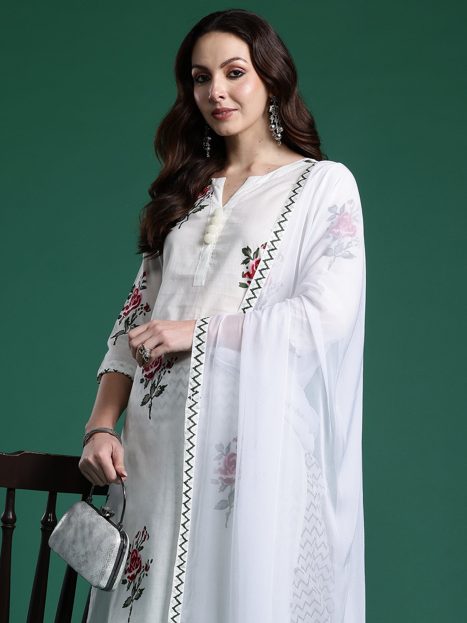 Indo Era White Printed Straight Kurta Trousers With Dupatta Set- IE
