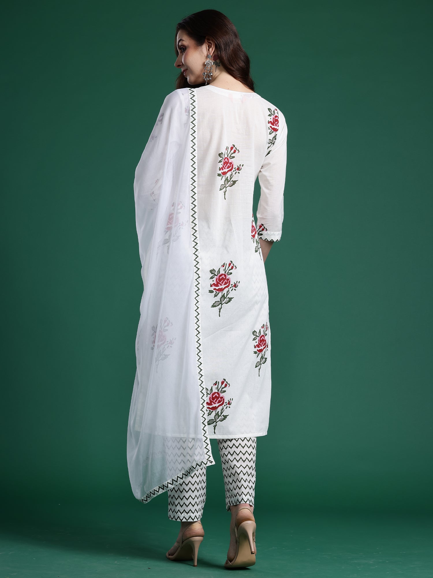 Indo Era White Printed Straight Kurta Trousers With Dupatta Set- IE