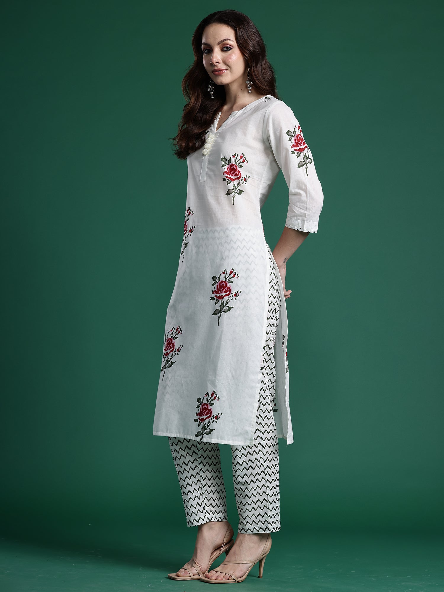 Indo Era White Printed Straight Kurta Trousers With Dupatta Set- IE