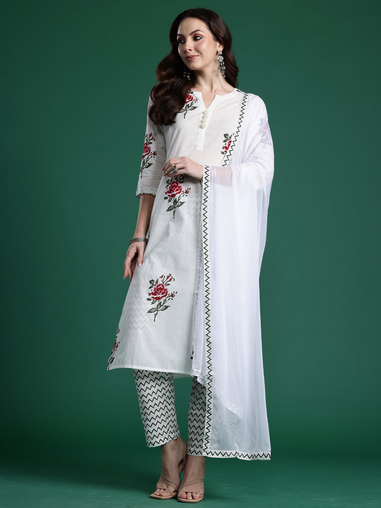 Indo Era White Printed Straight Kurta Trousers With Dupatta Set- IE