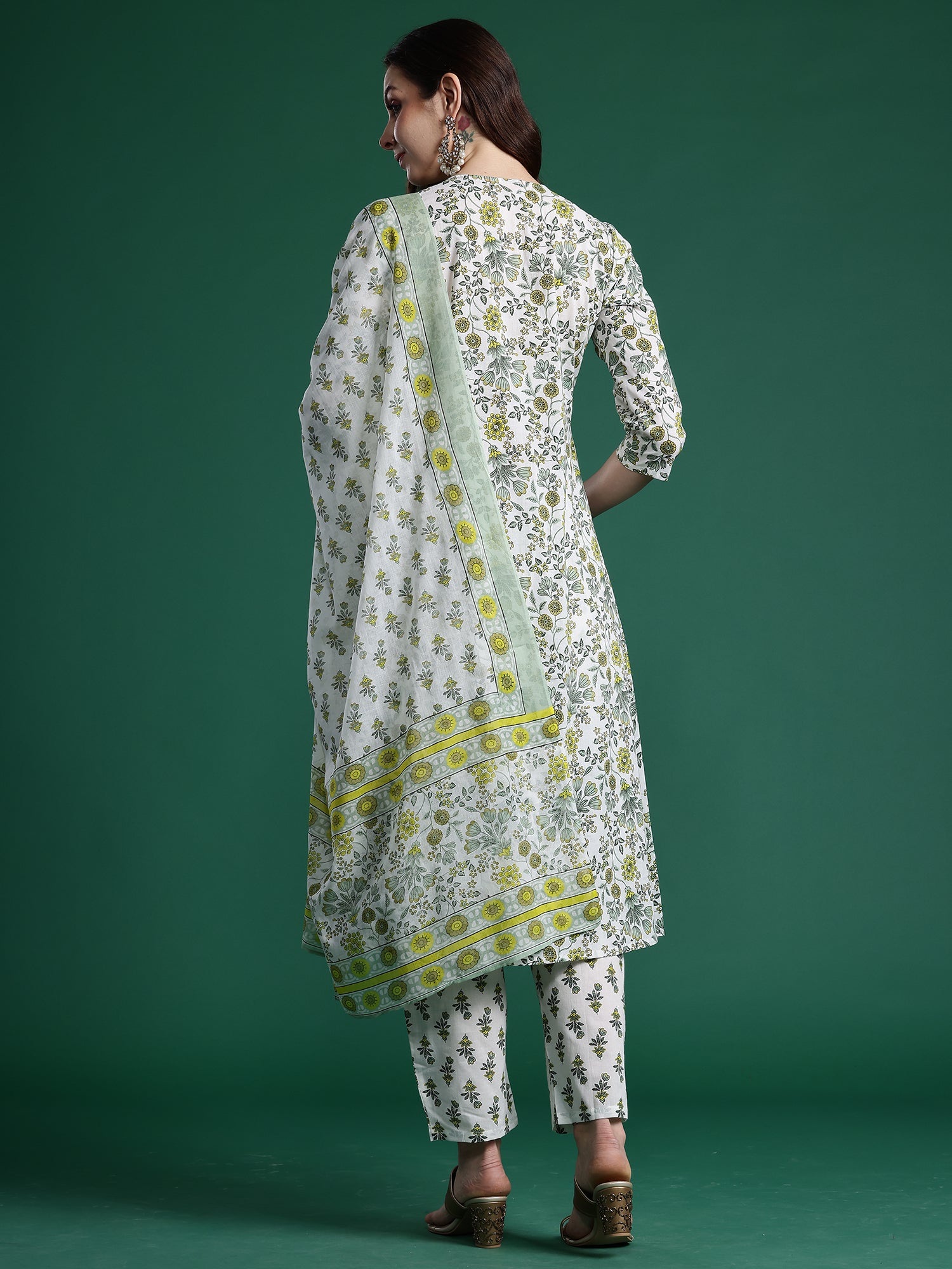 Indo Era White Printed A-Line Kurta Trousers With Dupatta Set- IE