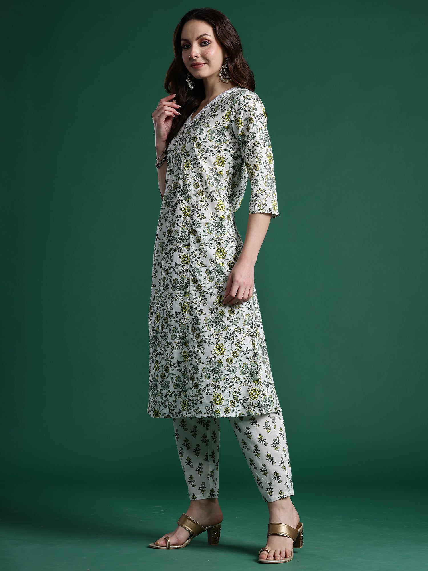 Indo Era White Printed A-Line Kurta Trousers With Dupatta Set- IE