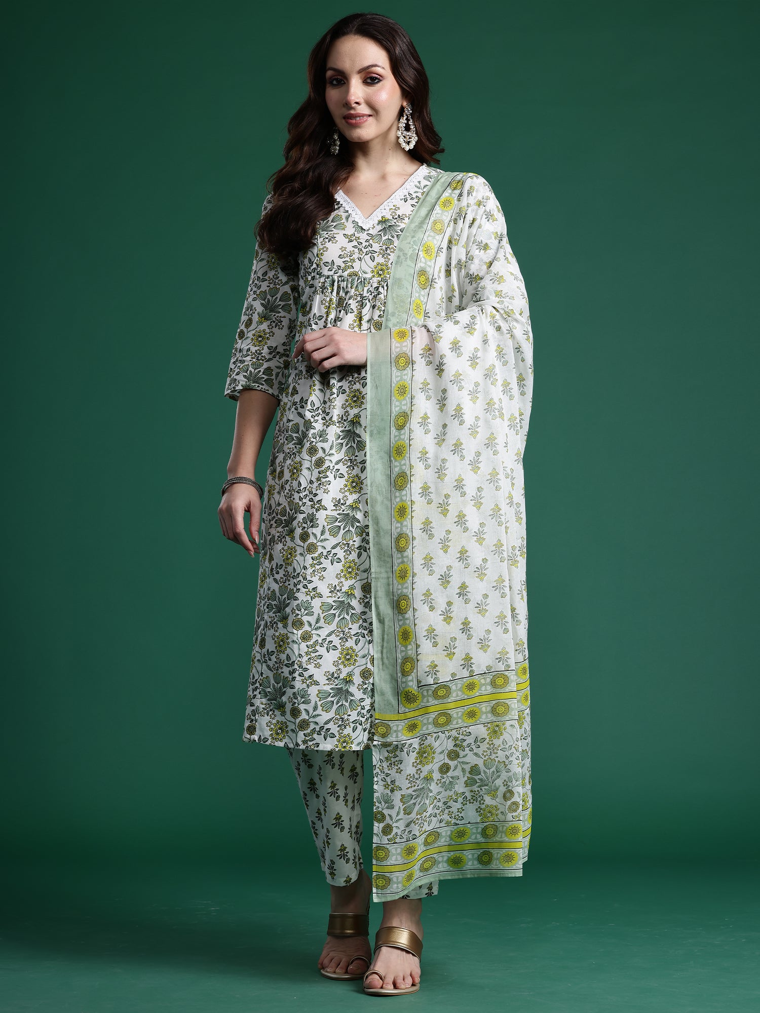 Indo Era White Printed A-Line Kurta Trousers With Dupatta Set- IE