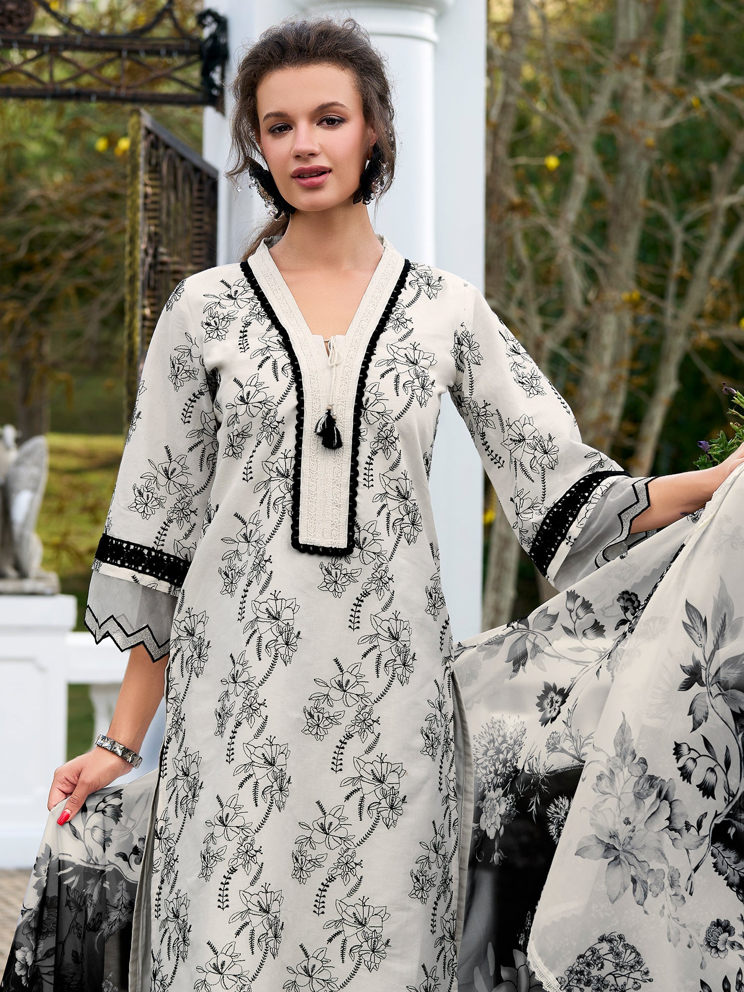Indo Era White Embroidered Straight Kurta Trousers With Dupatta Set- IE