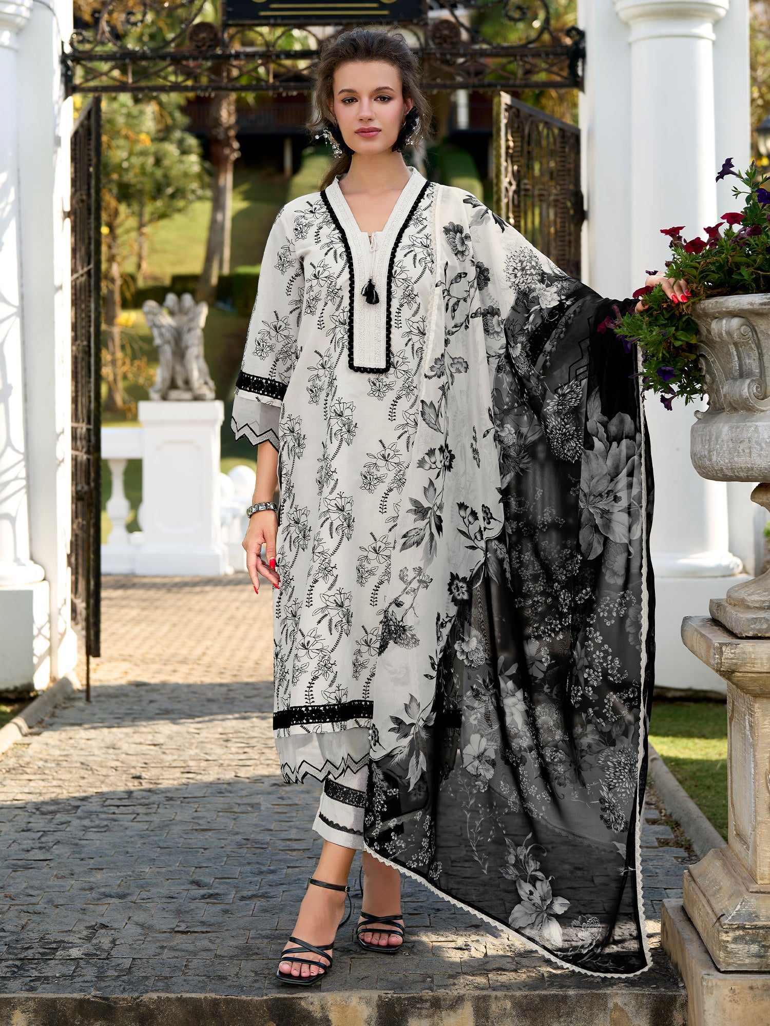 Indo Era White Embroidered Straight Kurta Trousers With Dupatta Set- IE