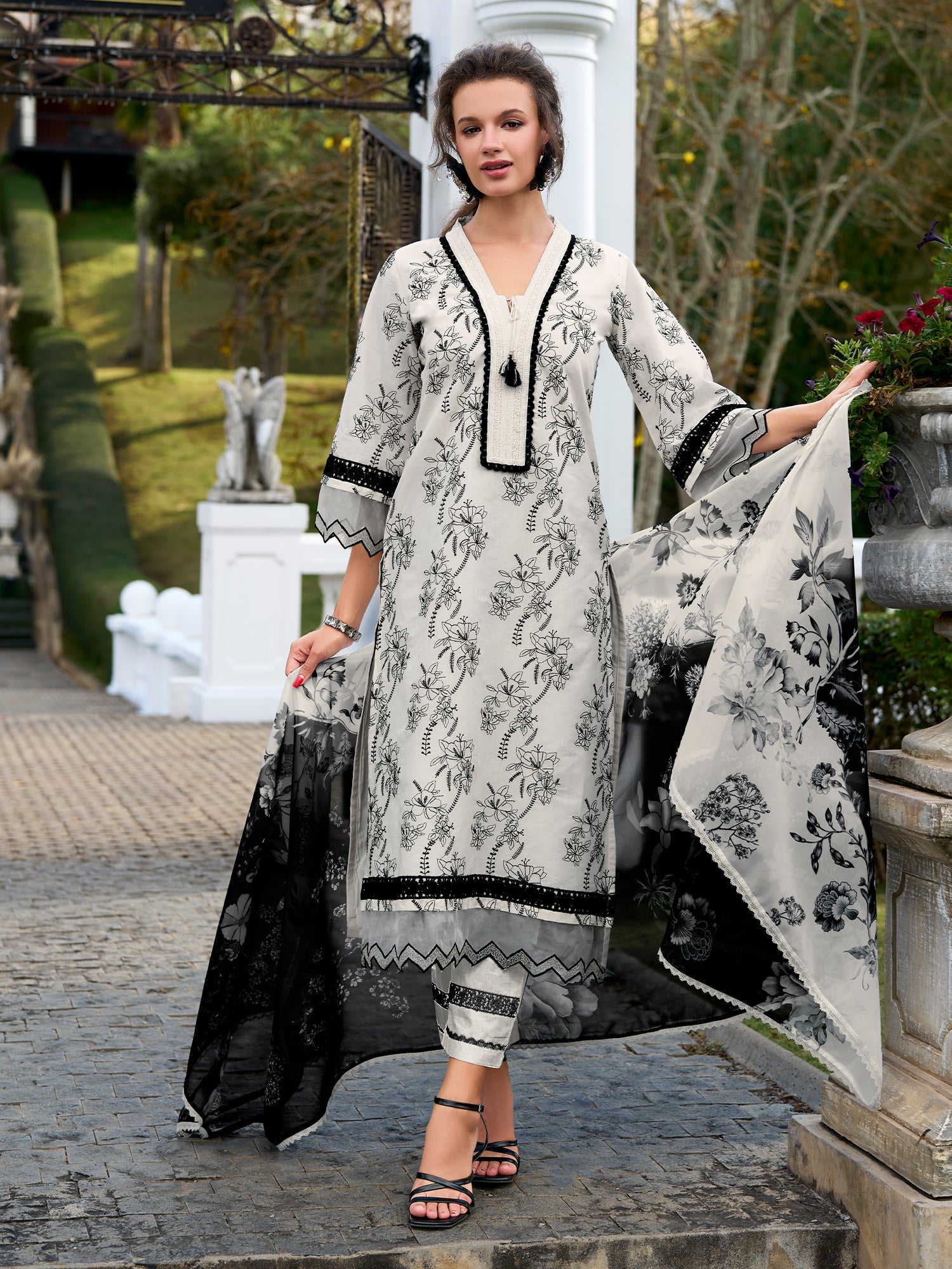 Indo Era White Embroidered Straight Kurta Trousers With Dupatta Set- IE