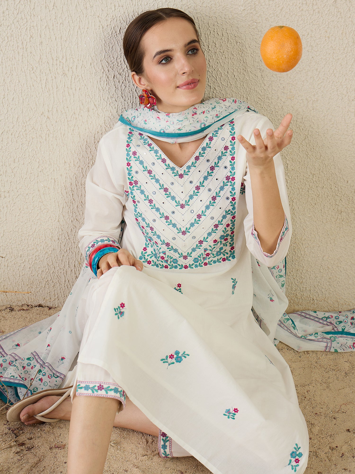 Indo Era White Embroidered Straight Kurta Trousers With Dupatta set- IE
