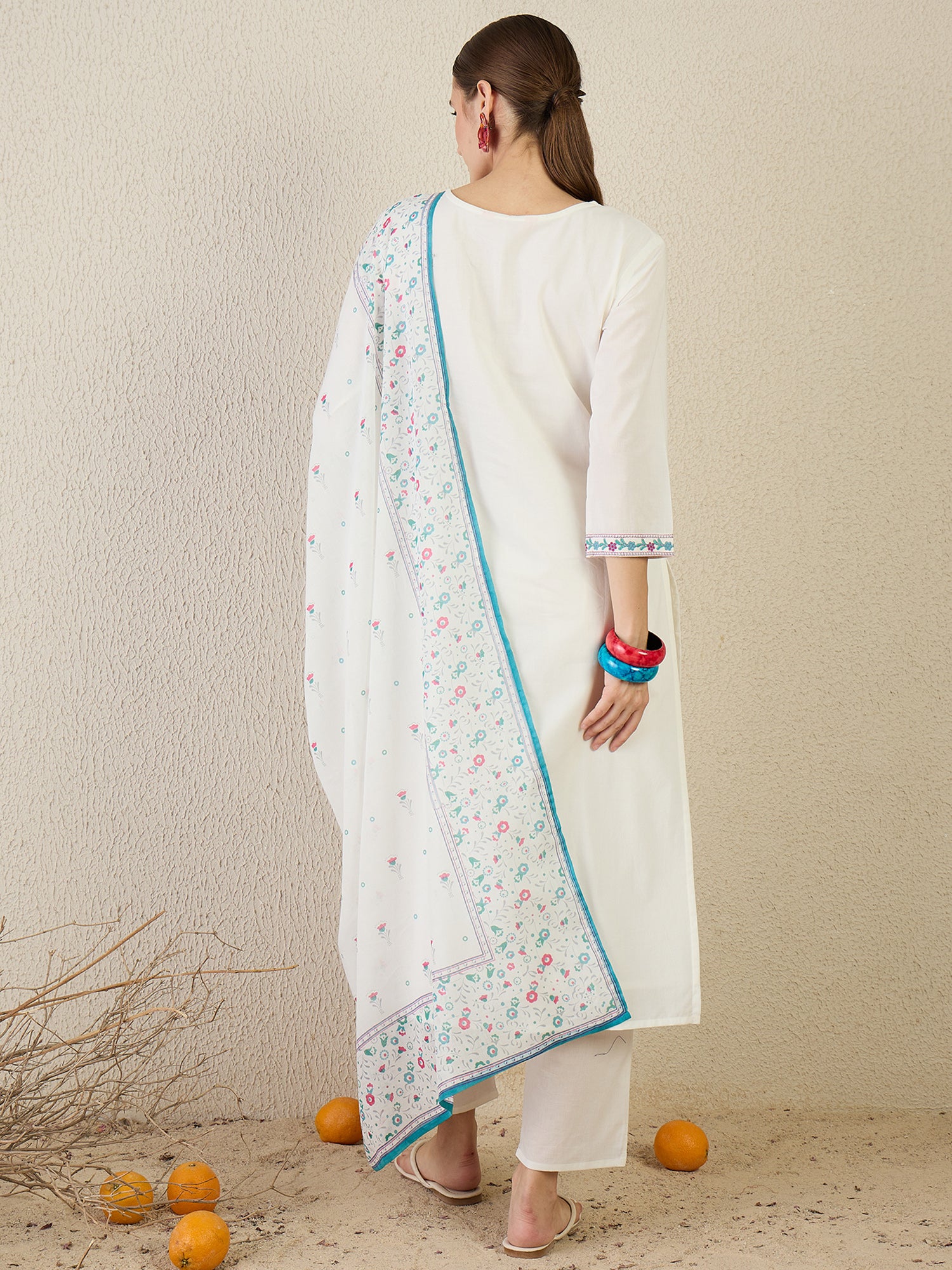 Indo Era White Embroidered Straight Kurta Trousers With Dupatta set- IE