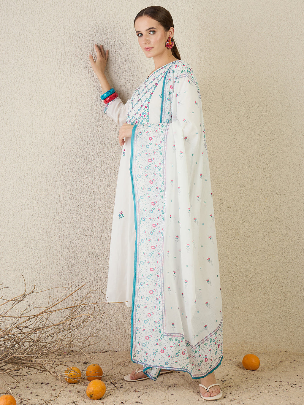 Indo Era White Embroidered Straight Kurta Trousers With Dupatta set- IE