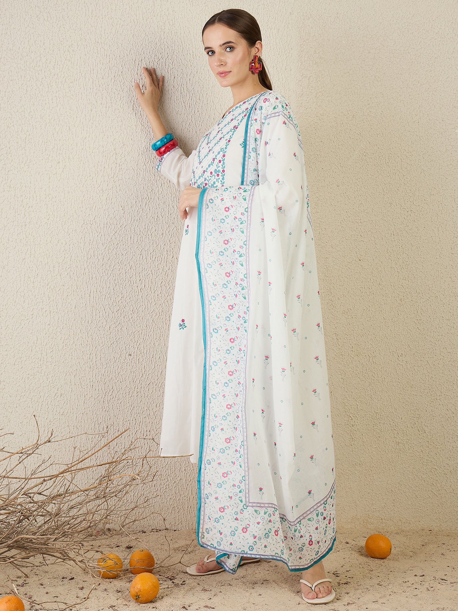 Indo Era White Embroidered Straight Kurta Trousers With Dupatta set- IE