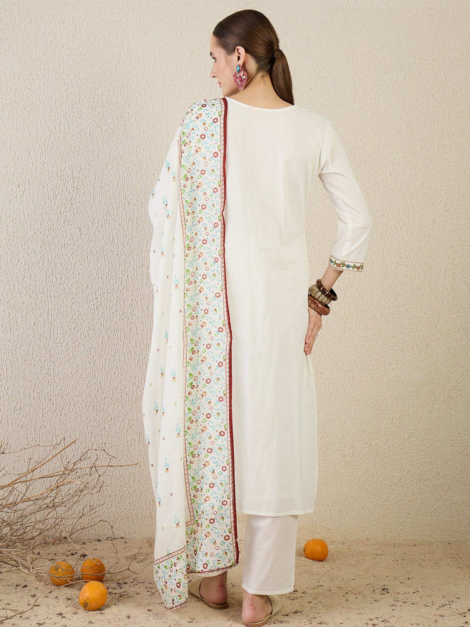 Indo Era Off White Embroidered Straight Kurta Trousers With Dupatta set- IE