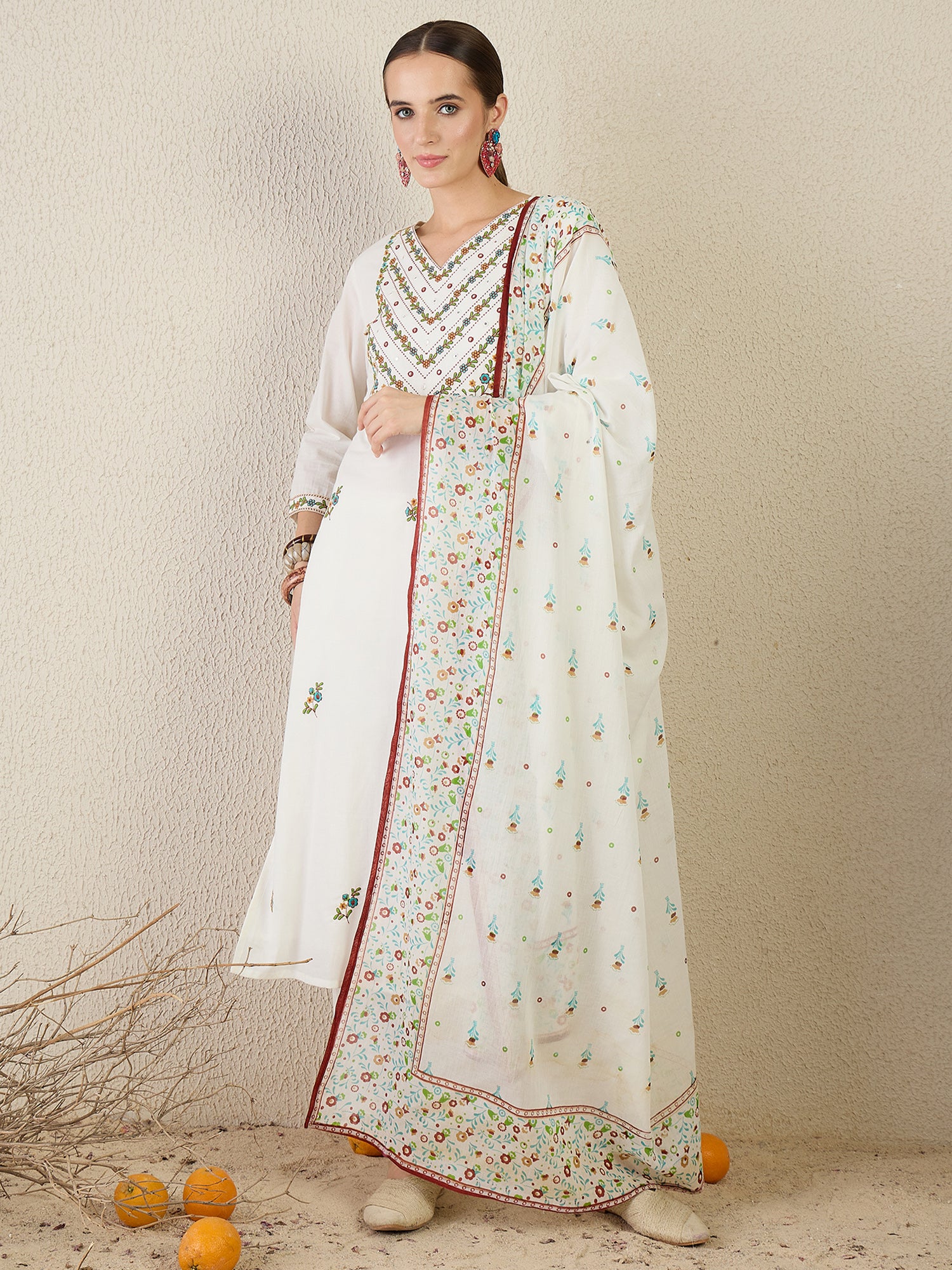 Indo Era Off White Embroidered Straight Kurta Trousers With Dupatta set- IE