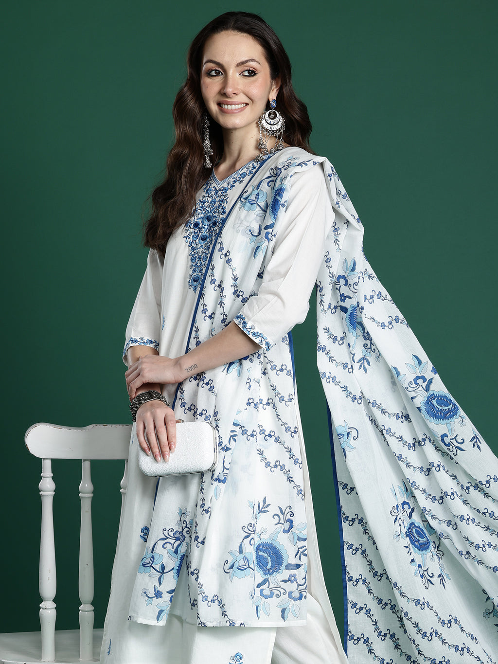 Indo Era White Embroidered Straight Kurta Trousers With Dupatta set- IE