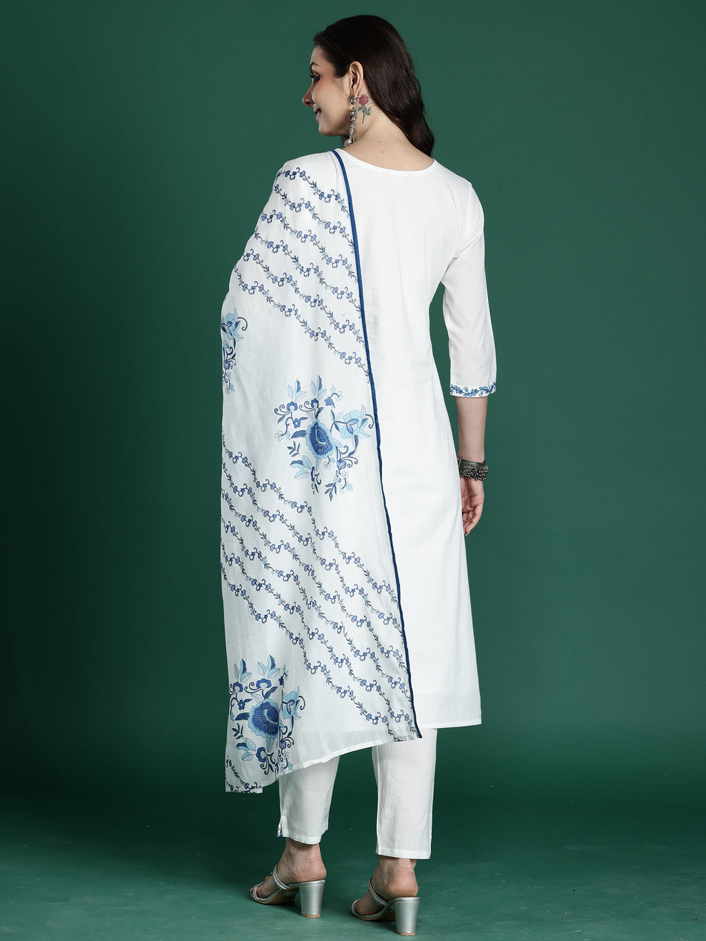 Indo Era White Embroidered Straight Kurta Trousers With Dupatta set- IE