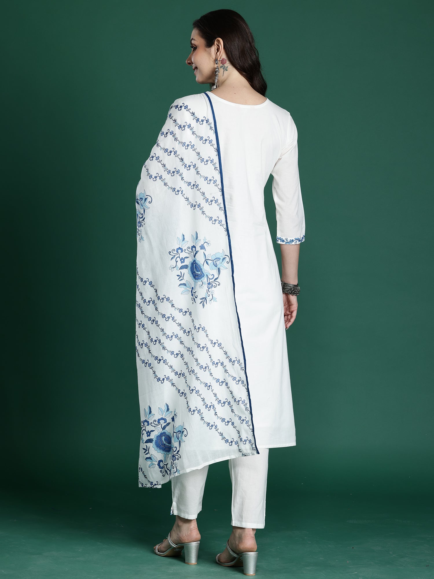 Indo Era White Embroidered Straight Kurta Trousers With Dupatta set- IE