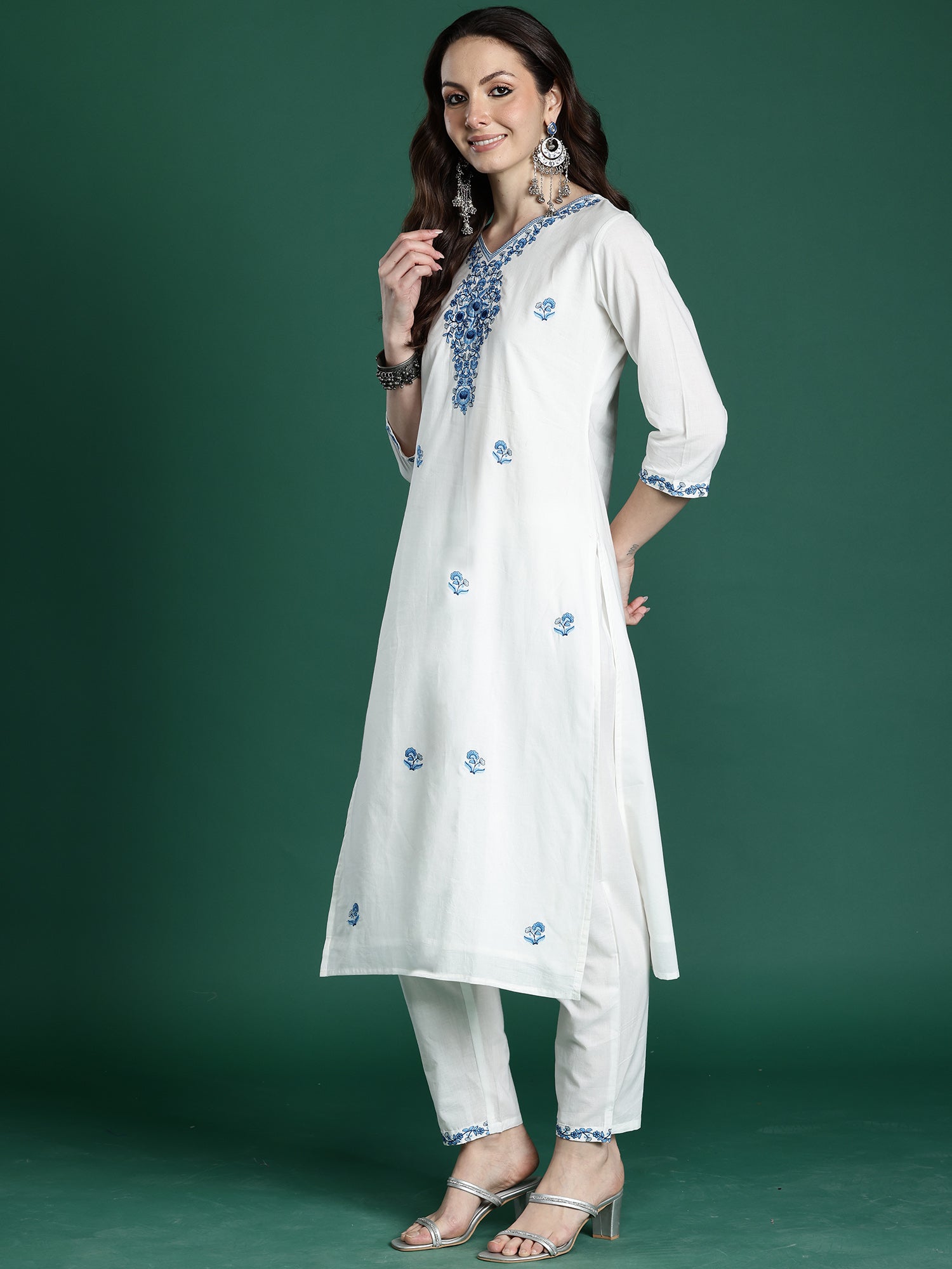 Indo Era White Embroidered Straight Kurta Trousers With Dupatta set- IE