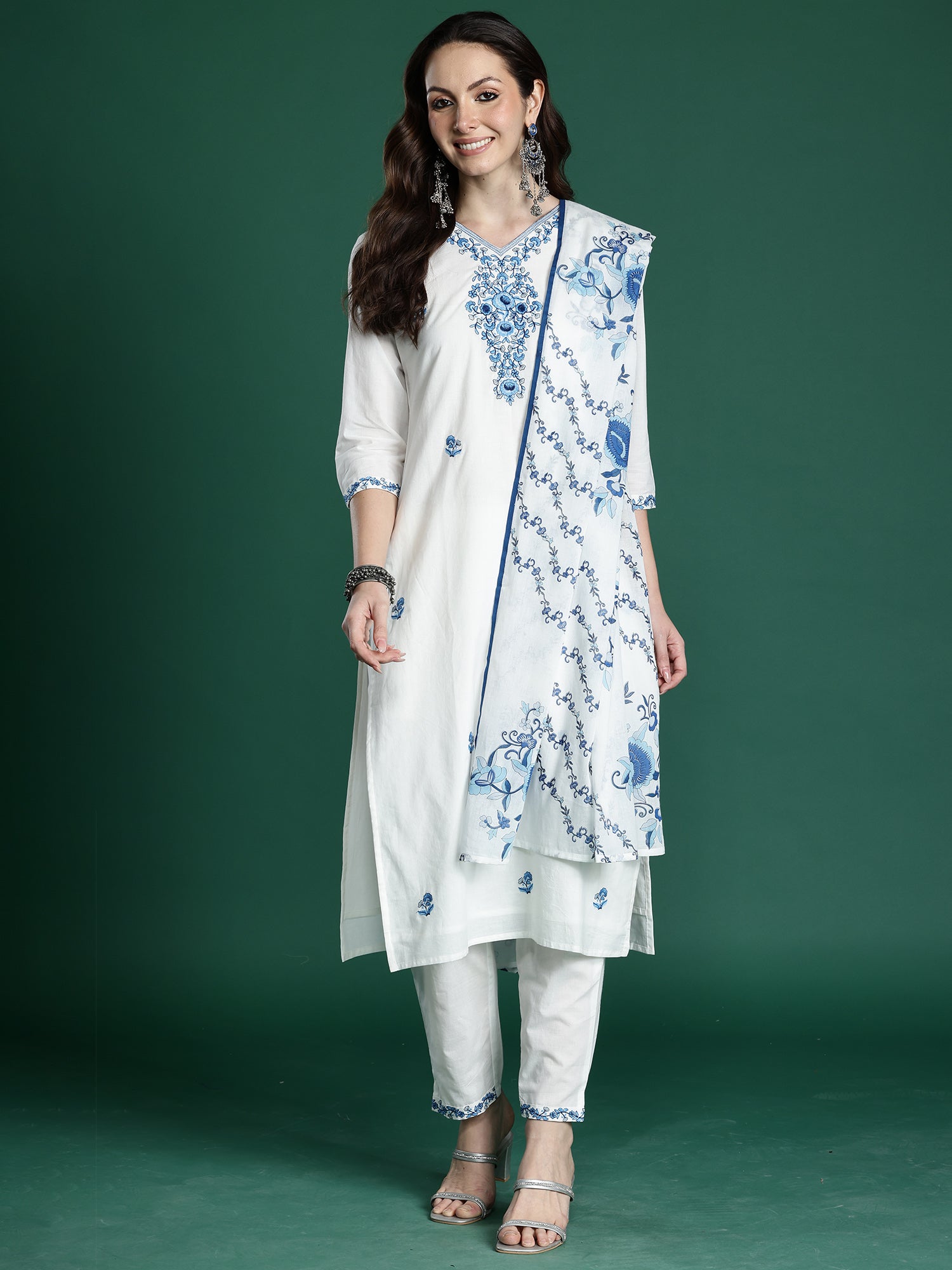Indo Era White Embroidered Straight Kurta Trousers With Dupatta set- IE
