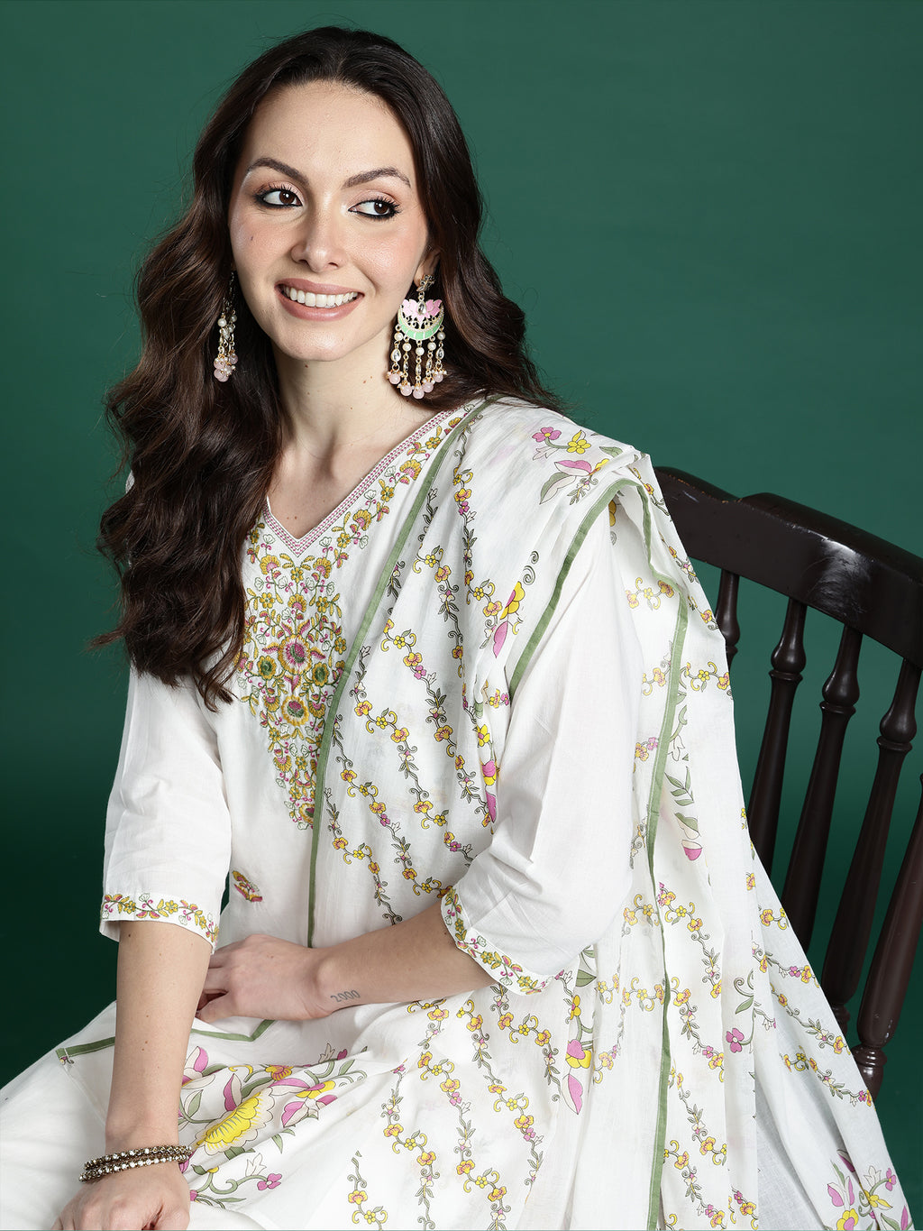 Indo Era White Embroidered Straight Kurta Trousers With Dupatta set- IE