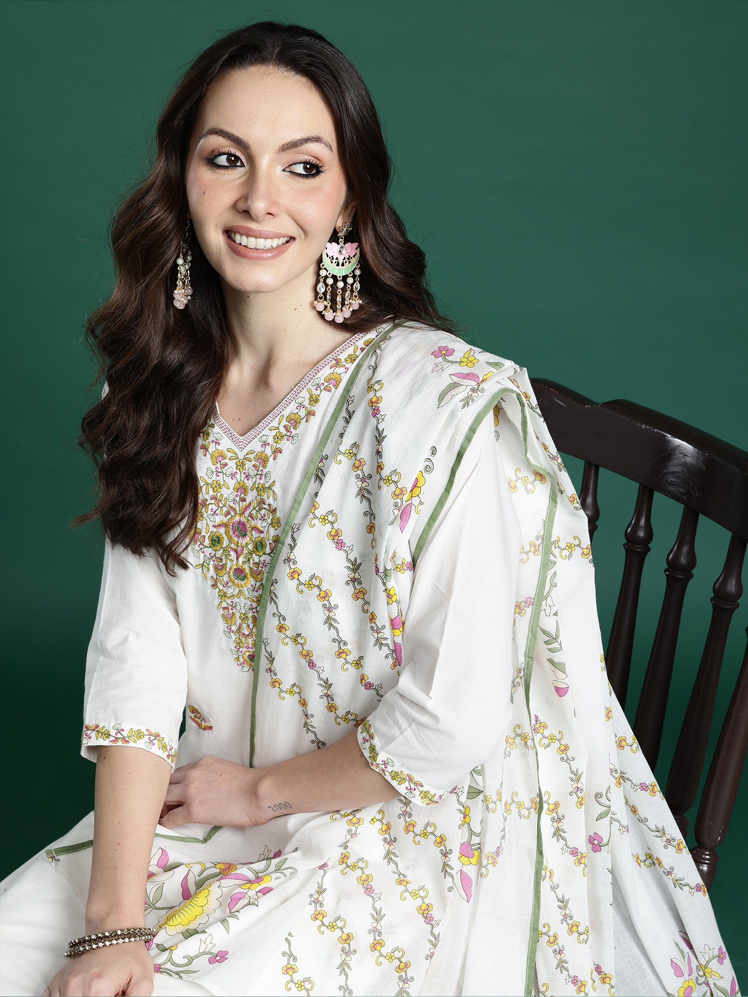 Indo Era White Embroidered Straight Kurta Trousers With Dupatta set- IE