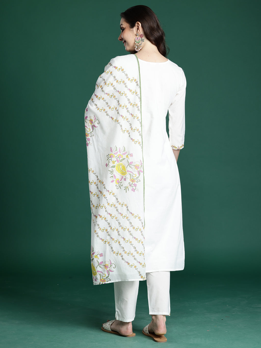 Indo Era White Embroidered Straight Kurta Trousers With Dupatta set- IE