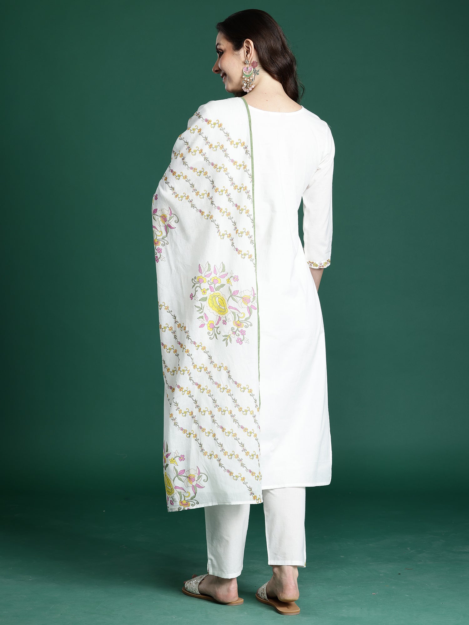 Indo Era White Embroidered Straight Kurta Trousers With Dupatta set- IE