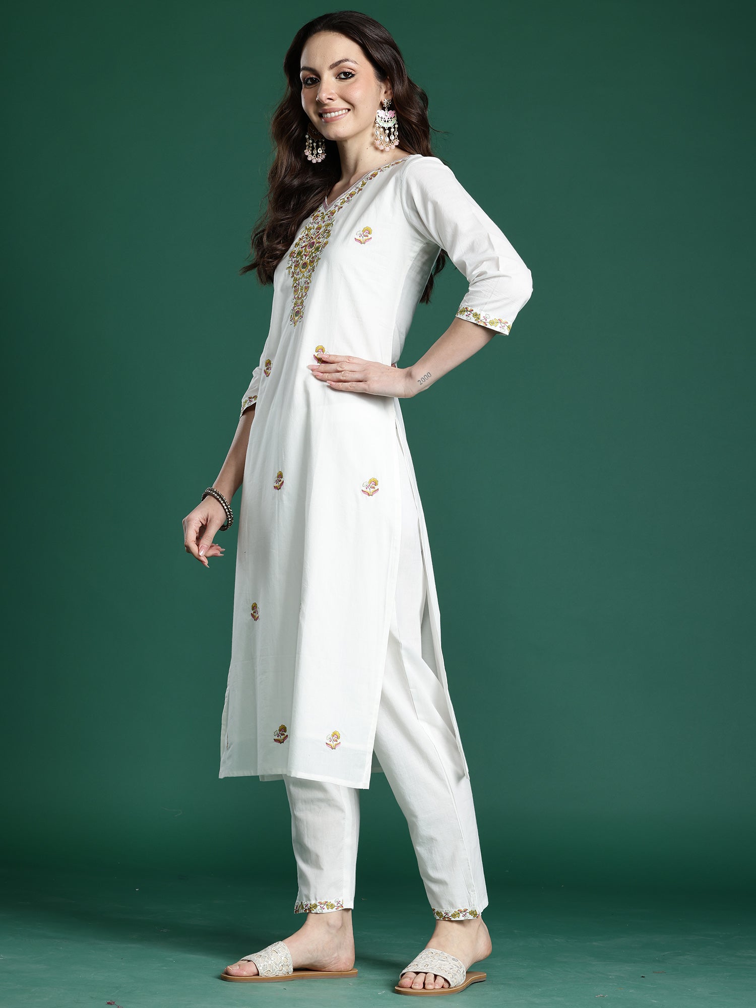Indo Era White Embroidered Straight Kurta Trousers With Dupatta set- IE