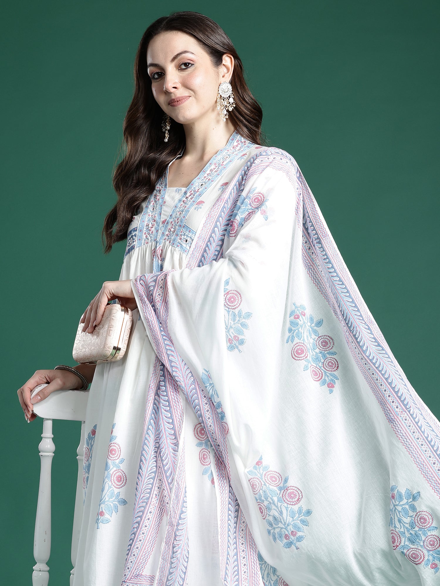 Indo Era White Printed A-Line Kurta Trousers With Dupatta set- IE