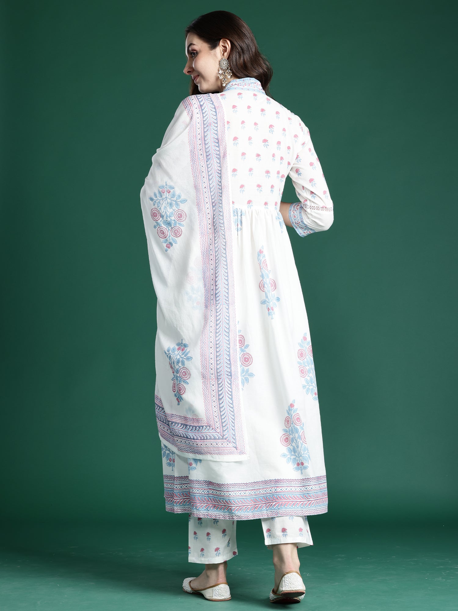 Indo Era White Printed A-Line Kurta Trousers With Dupatta set- IE