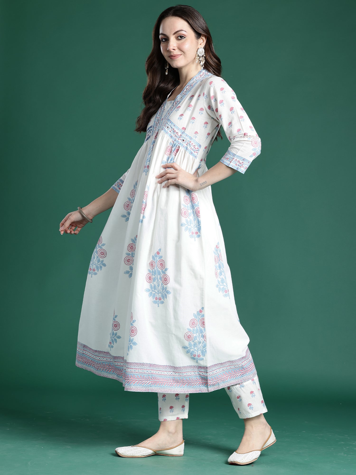 Indo Era White Printed A-Line Kurta Trousers With Dupatta set- IE