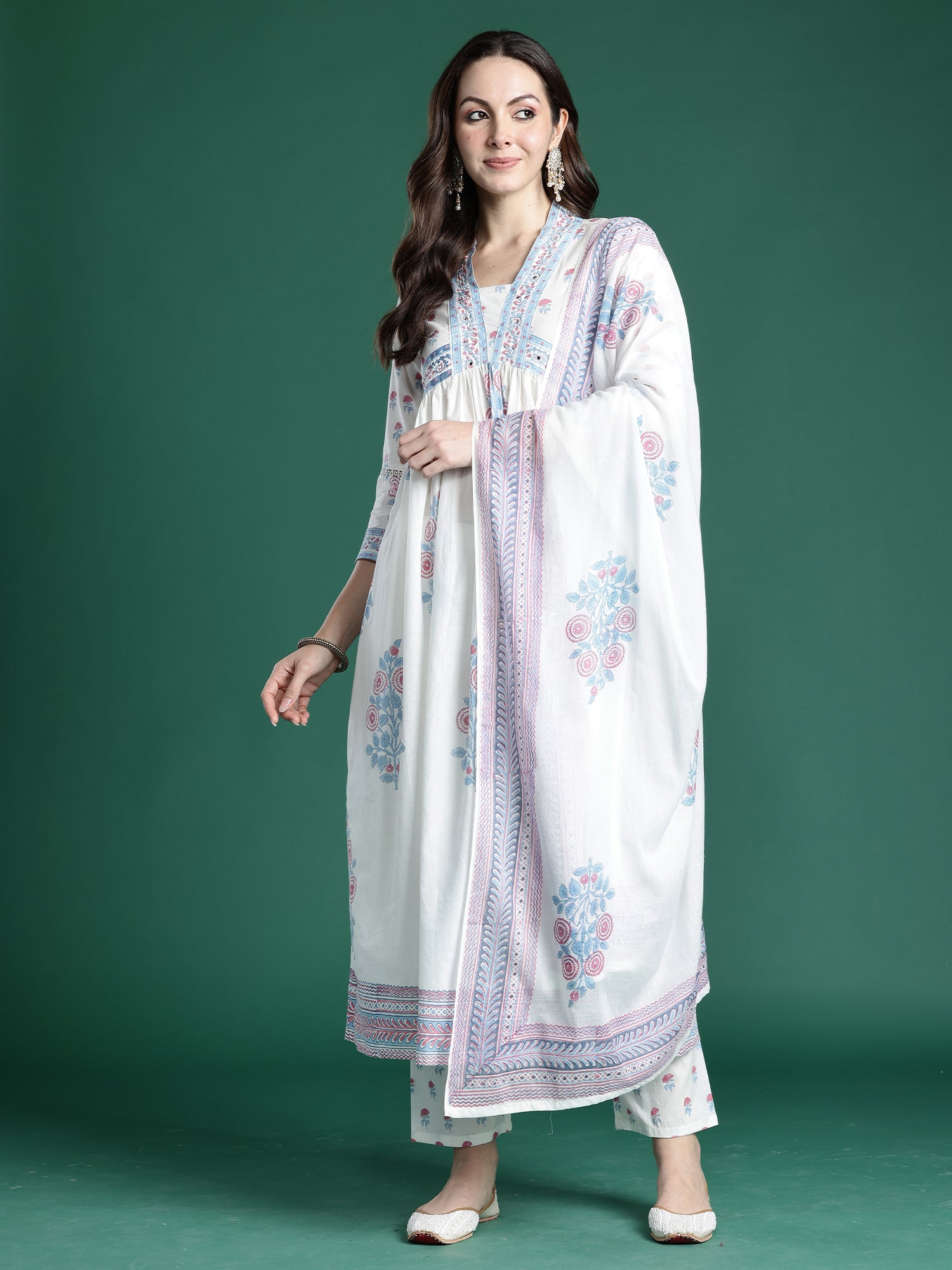 Indo Era White Printed A-Line Kurta Trousers With Dupatta set- IE