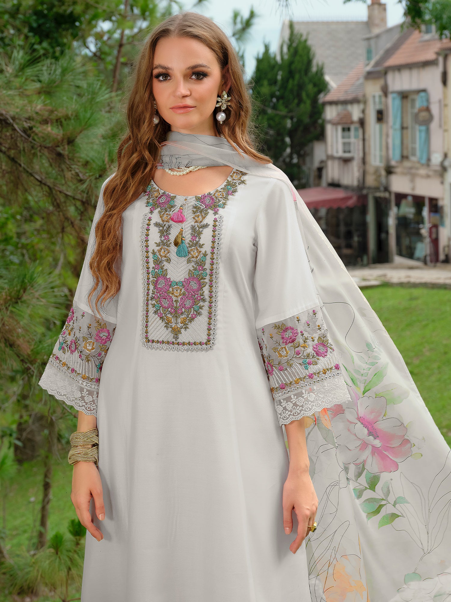 Indo Era White Embroidered A-Line Kurta Trousers With Dupatta Set- IE