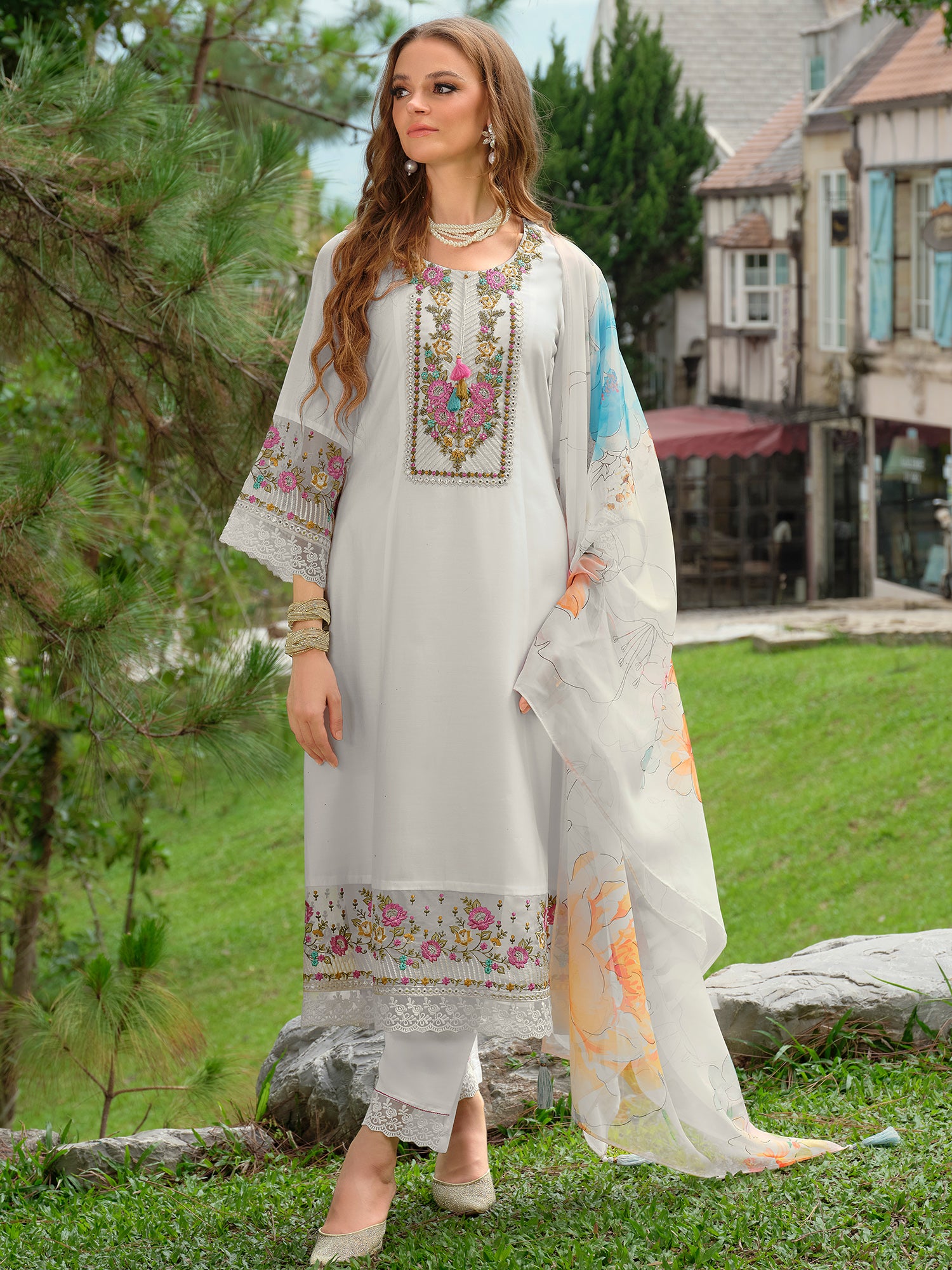 Indo Era White Embroidered A-Line Kurta Trousers With Dupatta Set- IE