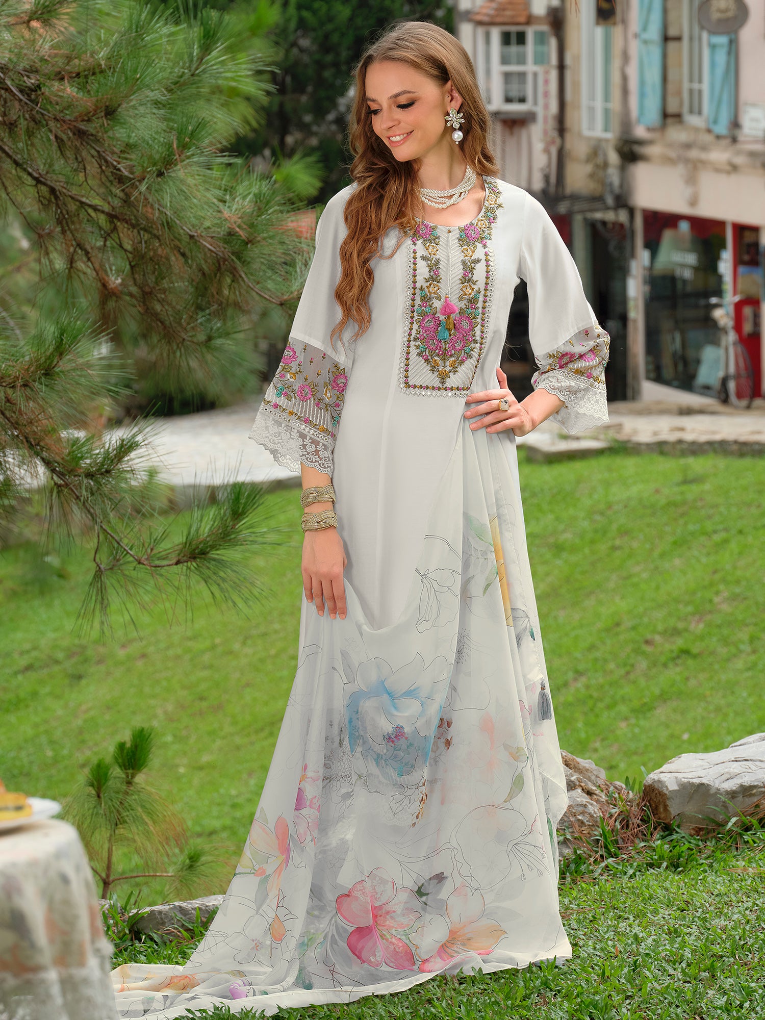 Indo Era White Embroidered A-Line Kurta Trousers With Dupatta Set- IE