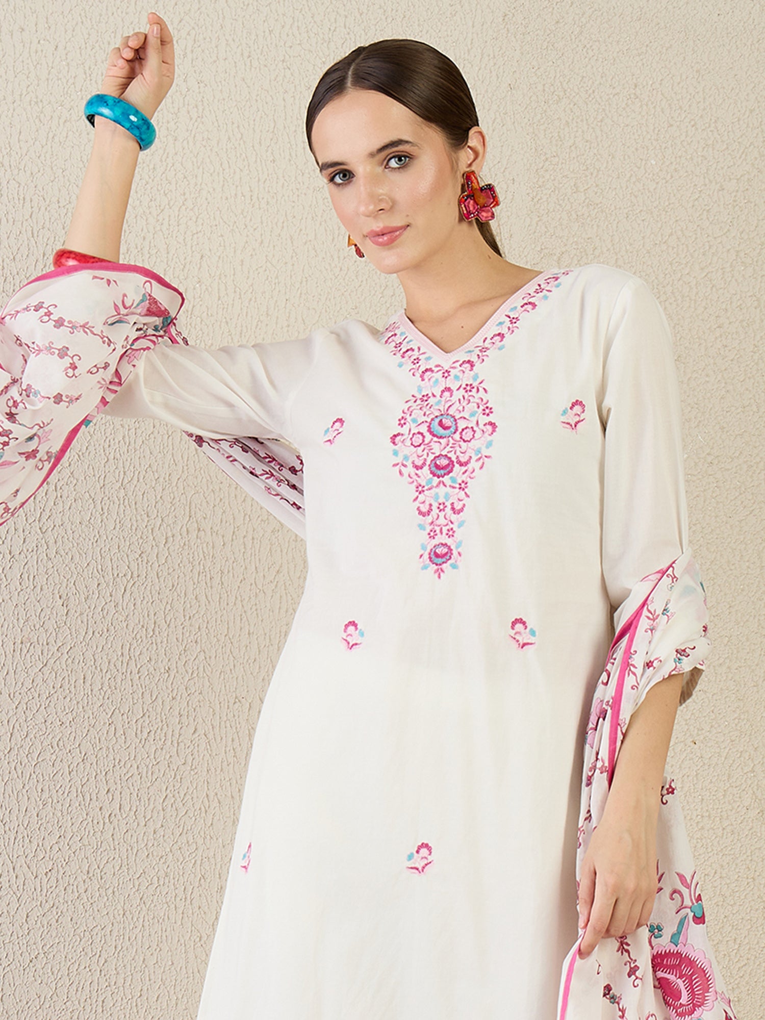 Indo Era White Embroidered Straight Kurta Trousers With Dupatta set- IE